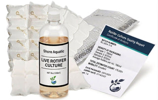 Shore Aquatic Live Rotifer Culture — bottle and bagged units alongside a signed Quality Report