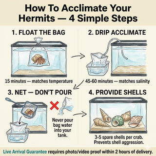 Four-step acclimation guide: float the sealed bag 15 minutes, drip acclimate 45–60 minutes, net (do not pour), provide 3–5 spare shells per crab