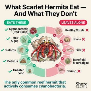 Diagram of what Scarlet Hermits eat (cyanobacteria, hair algae, diatoms, detritus, uneaten food) versus what they leave alone (healthy corals, snails, fish, beneficial macroalgae, shrimp)