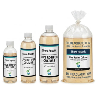 Four pack sizes: 4 oz bottle, 16 oz bottle, 32 oz bottle, and 1 gallon bag — Shore Aquatic Live Rotifer Culture